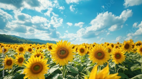Sunflower fields blooming under a blue sky nature landscape outdoor environment vibrant view serenity and beauty