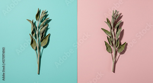 Wallpaper Mural Sage Sprigs on Pastel Pink and Teal Background Minimalist Herbal Still Life Photography Torontodigital.ca