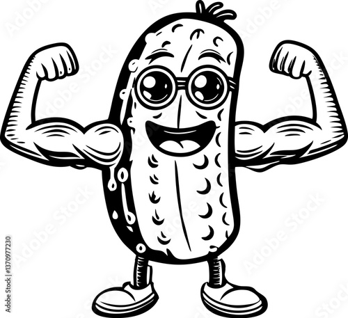 cartoon muscular cucumber pickle character with flexed arms, combining humor, strength, and quirky charm sketch Linocut vector