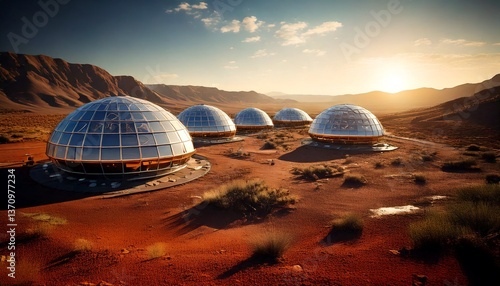 Realistic photo of round houses of the Martian colony of Earth using solar energy panels
