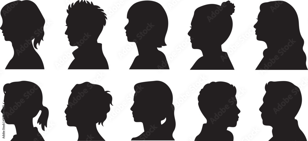 Diverse People Head Silhouettes, Profile Vector Set Diverse People Head Silhouettes, Profile Vector Set
