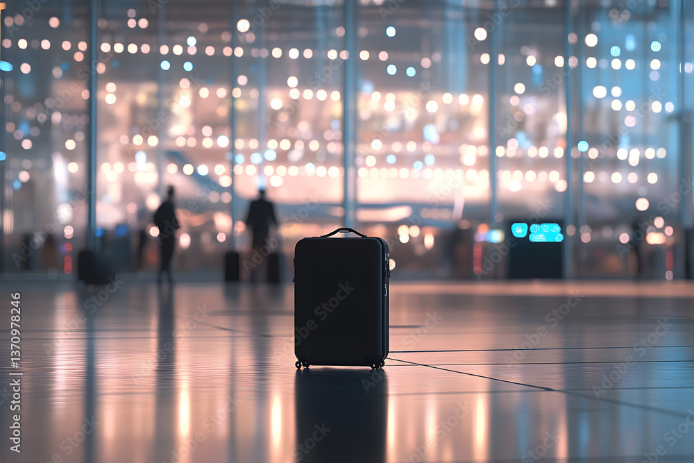 Travel, The suitcases in an empty airport hall, traveler cases in the departure airport terminal waiting for the area, vacation concept, blank space for text message or design Travel, The suitcases in an empty airport hall, traveler cases in the departure airport terminal waiting for the area, vacation concept, blank space for text message or design