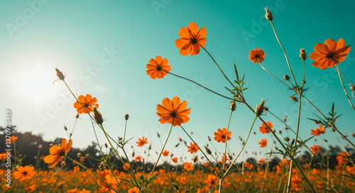 Wallpaper Mural Vibrant Orange Cosmos Flowers Field Under a Sunny Sky Blooming in Summer Torontodigital.ca