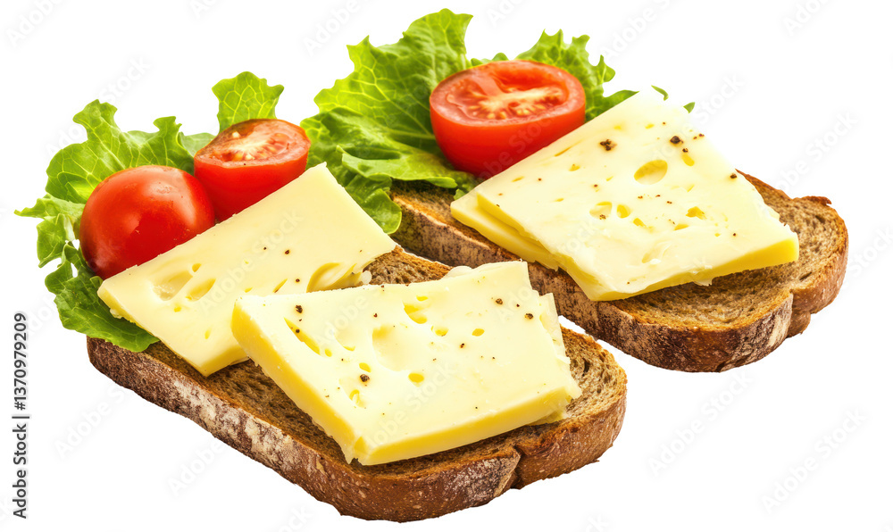 Delicious open-faced sandwiches with cheese, lettuce, and tomatoes on brown bread Delicious open-faced sandwiches with cheese, lettuce, and tomatoes on brown bread