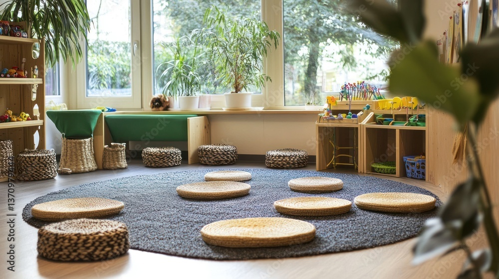 Obraz A cozy kindergarten classroom with a circular rug and comfortable seating.