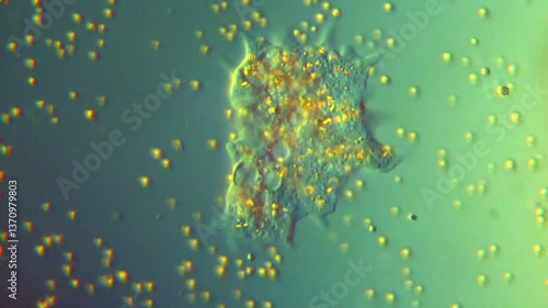 Amoeboid motility in algal bloom by Amoeba sp. feeding algae cells DIC microscope 400x magnification, differential interference contrast microscopic footage of single celled organisms in freshwater