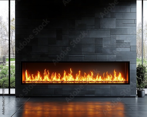 A modern room showcases a glowing fireplace with stone walls behind