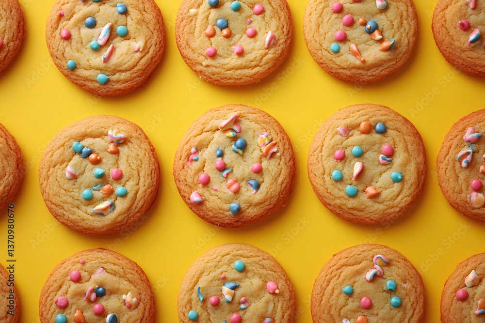 Colorful Sprinkle Cookies on Yellow Background Flatlay Colorful Sprinkle Cookies on Yellow Background Flatlay