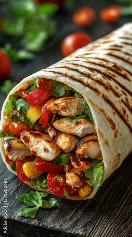 Grilled chicken wrap filled with fresh vegetables served on a wooden board in a restaurant setting Grilled chicken wrap filled with fresh vegetables served on a wooden board in a restaurant setting