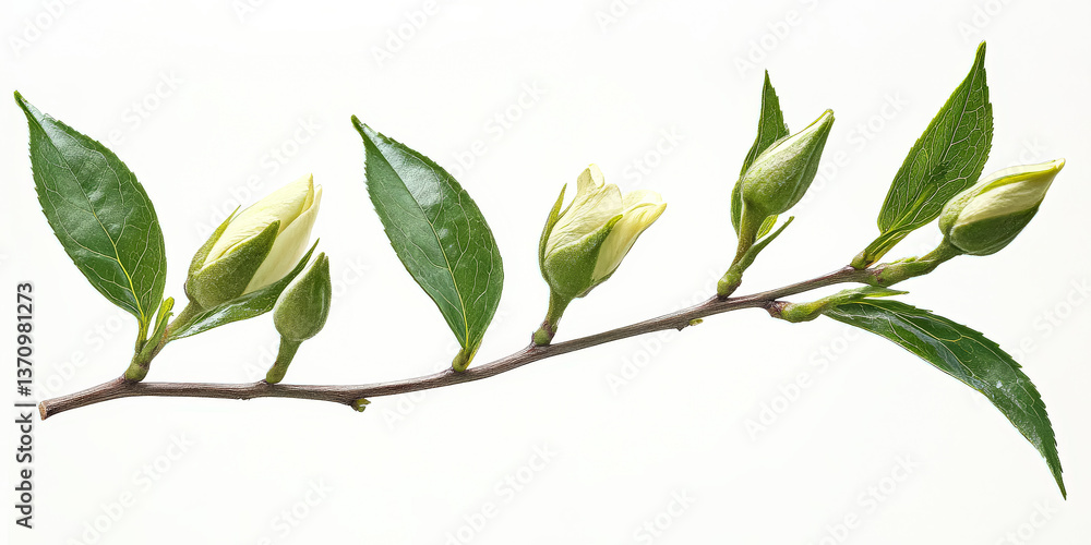 Branch with green leaves and white flowers. The white flowers are small and clustered together. The branch is long and slender, extending from the tree Branch with green leaves and white flowers. The white flowers are small and clustered together. The branch is long and slender, extending from the tree