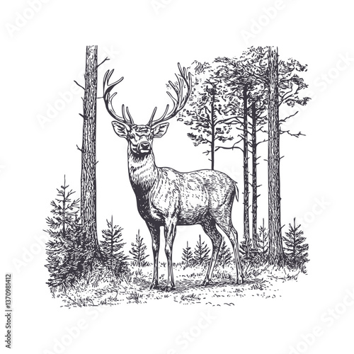 Majestic Deer in the Forest. Vector illustration