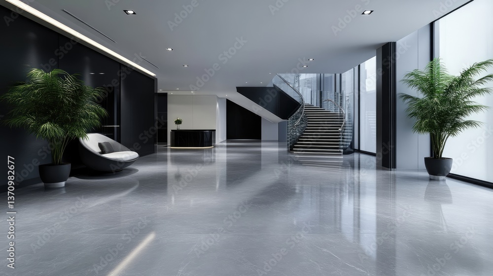 Fototapeta premium Modern, sleek lobby with polished floors, dark accents, and a stylish waiting area