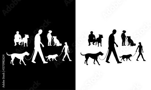 people walking their dogs' leashes vector silhouette, illustration, dogs silhouette set, person walking their dogs' leashes vector silhouette, illustration, vector, art, design, symbol,, 