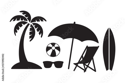 Beach umbrella icon, palm tree icon, chair icon silhouette vector art illustration