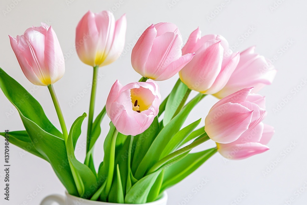 Fototapeta premium A vase of pink tulips sits on a white table. The flowers are in full bloom and are arranged in a way that makes them look like they are standing tall. The vase is the only object in the scene