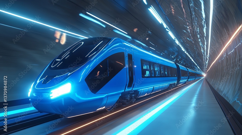 The blue train speeds through the tunnel, showcasing cutting-edge technology and innovation The blue train speeds through the tunnel, showcasing cutting-edge technology and innovation