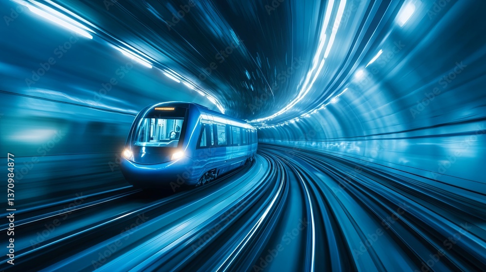 Fototapeta premium The blue train speeds through the tunnel, showcasing cutting-edge technology and innovation