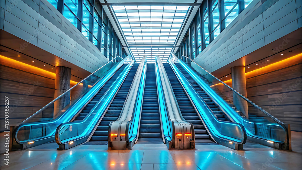 Fototapeta premium Modern escalators in contemporary building interior
