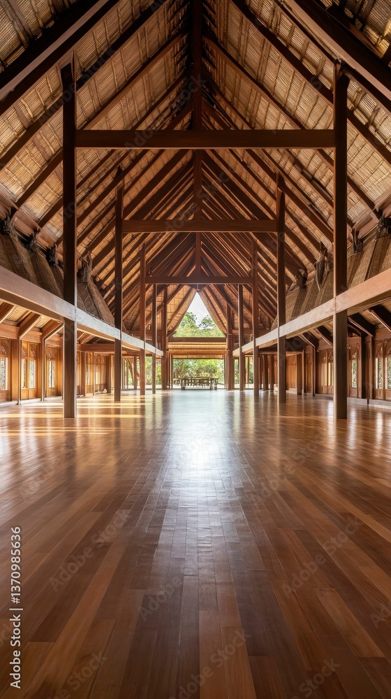 Vast wooden hall, high peaked roof, sunlight streams. Vast wooden hall, high peaked roof, sunlight streams.
