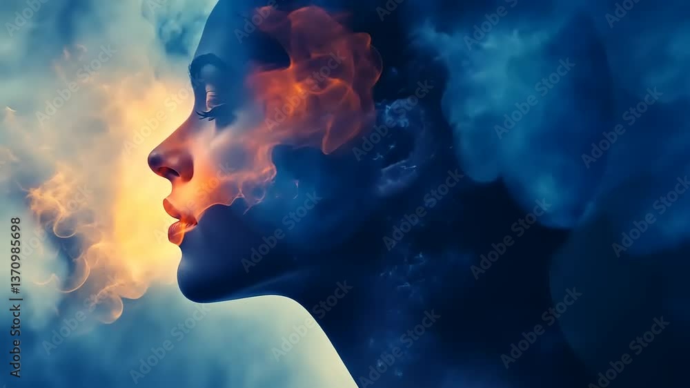 Ethereal portrait of a woman with fiery elements and smoke, symbolizing transformation and passion Ethereal portrait of a woman with fiery elements and smoke, symbolizing transformation and passion