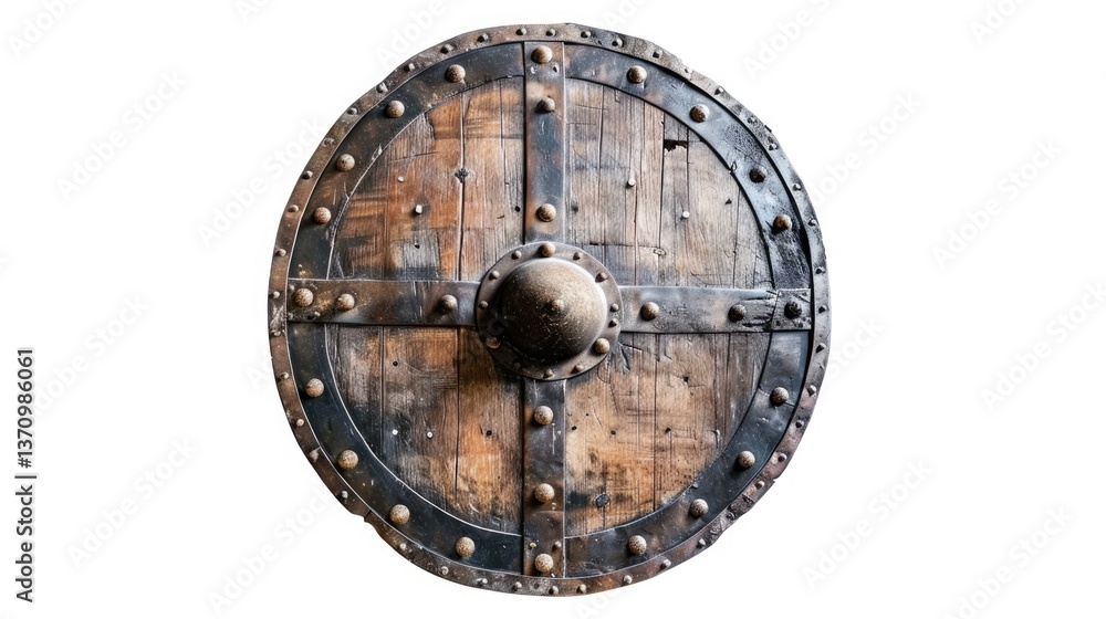 Naklejka premium Vintage wooden shield with aged metal details: medieval defensive artifact with leather bindings isolated on white background