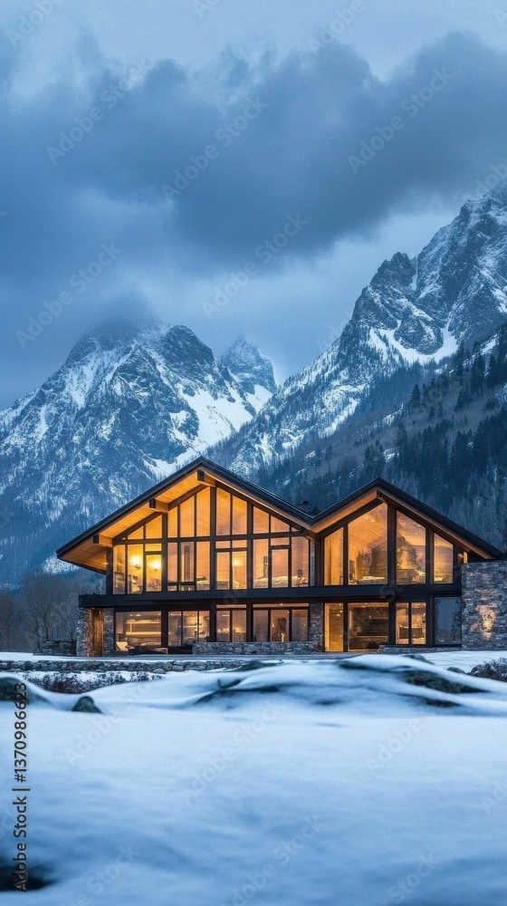 Fototapeta premium Lit modern house, snowy landscape, majestic mountains.
