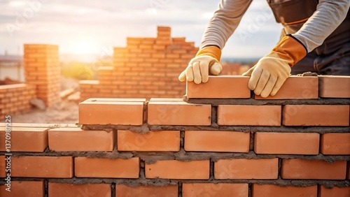 Bricklayer constructing brick wall on construction site