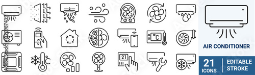 Set of Air Conditioning Vector Line Icons. Air Cooling, Fan, Humidity, Air Circulation, Ventilation. Editable Stroke
