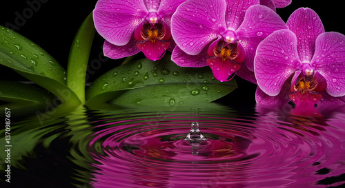 Wallpaper Mural Vibrant Pink Orchid Flowers with Water Droplet Reflection Spa Serenity Nature Torontodigital.ca