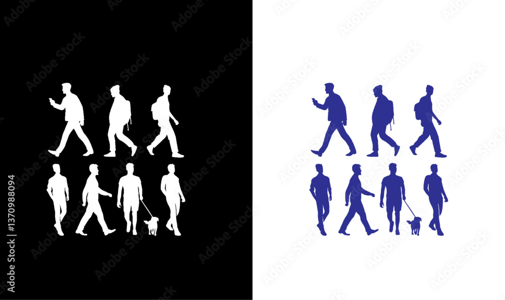 Obraz premium person walking silhouettes, pets, pet silhouette with person, people walking silhouette, person walking silhouettes illustration vector, silhouettes, boy, dance, sport, music, person, team, dancing,