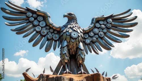 Majestic eagle sculpture made from recycled metal against blue sky, eco-art