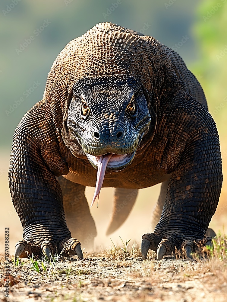 Obraz premium A stoic Komodo dragon stands firmly on a spotless white plane, lit from multiple angles to erase shadows. The high contrast accentuates the dark, scaly hide and the muscular tail’s girth. Centered 
