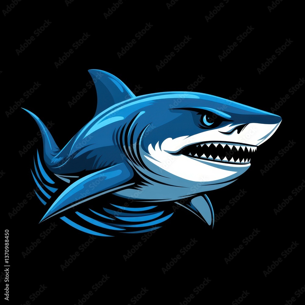 Digital illustration of a fierce shark swimming through the ocean with a powerful presence and vivid blue coloring Digital illustration of a fierce shark swimming through the ocean with a powerful presence and vivid blue coloring