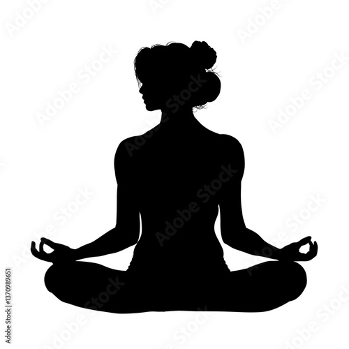 silhouette of a woman practicing yoga, girl meditating in lotus position - vector illustration