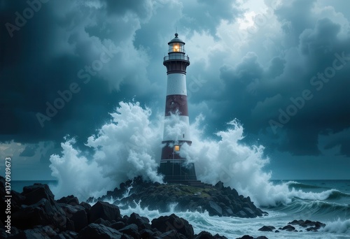 Raging waves crash against a lighthouse during a stormy evening