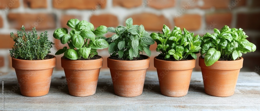 Five herbs in terracotta pots sit on a wooden surface against a brick wall background Five herbs in terracotta pots sit on a wooden surface against a brick wall background