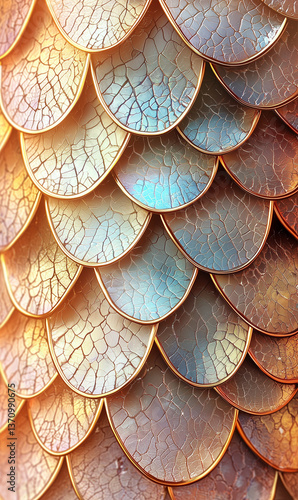 Wallpaper Mural Close-up view of a digitally rendered texture resembling overlapping scales. The scales exhibit a varied color palette of bronze, copper, and gold hues, with iridescent highlights that create a sense Torontodigital.ca