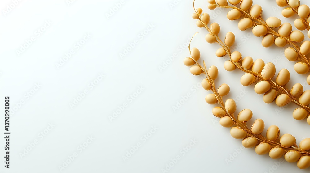 Obraz premium Golden leaf vine pattern on white background, decorative botanical element with delicate curved branches and small oval leaves arranged in flowing lines.