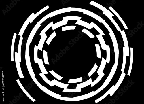 Modern vector pattern of white broken rings on a black background.  Vector industrial background for covers, flyers, packaging. Technological style. Waves from circles.