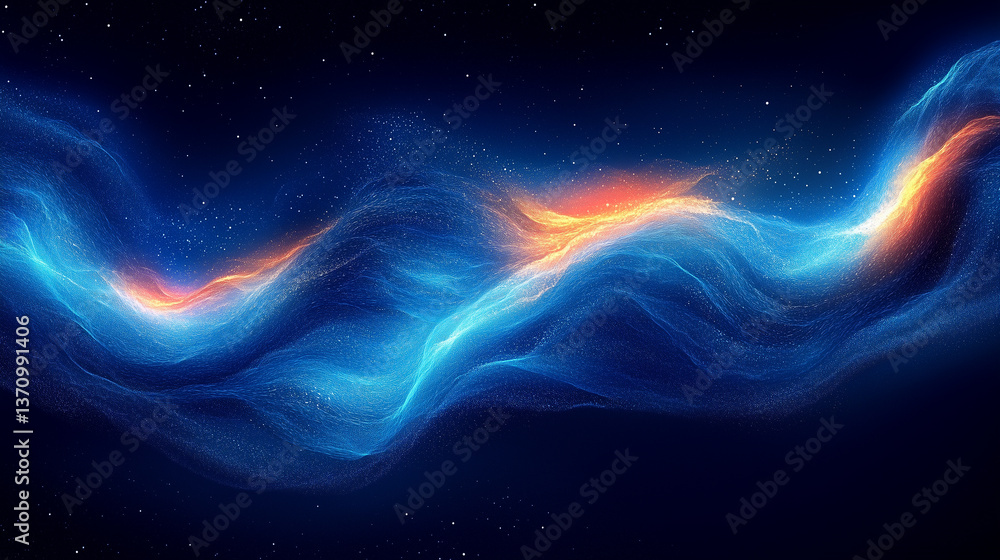 Obraz premium High-resolution digital illustration depicting an abstract nebula. The image features a dynamic composition of swirling, luminous forms in shades of deep blue and vibrant orange. The colors