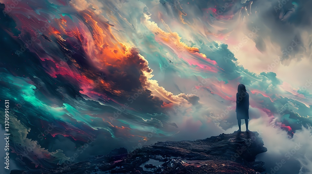 Colorful surreal sky over person standing on cliff Colorful surreal sky over person standing on cliff