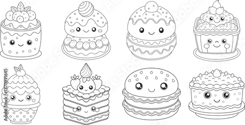 Collection of Adorable kawaii cakes and pastries with happy faces perfect for coloring pages and white line art style.