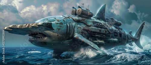 Wallpaper Mural Terrifying fusion of frigate warship hammerhead shark patrolling open ocean like relentless hunter hydrodynamic frame reinforced reactive plating mirroring hammerhead wide sweeping head design Twin Torontodigital.ca