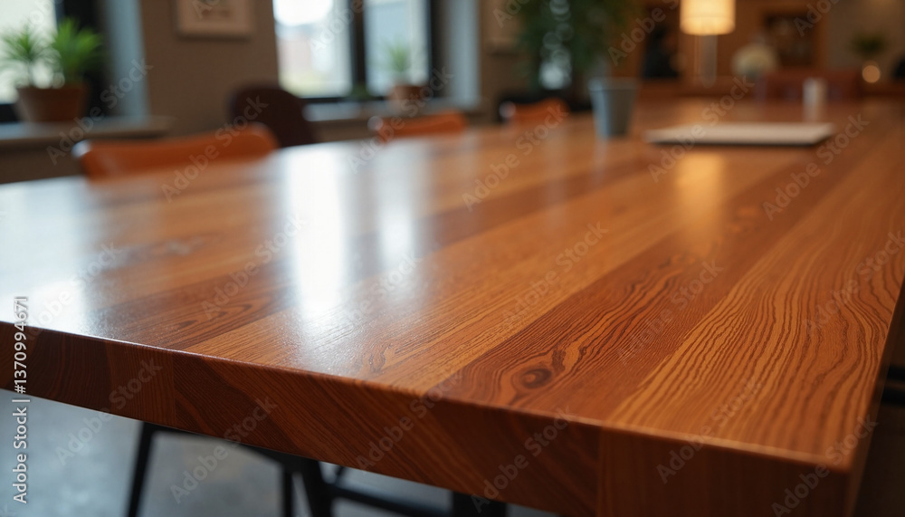 Elegant polished wood table in modern interior, sophistication Elegant polished wood table in modern interior, sophistication