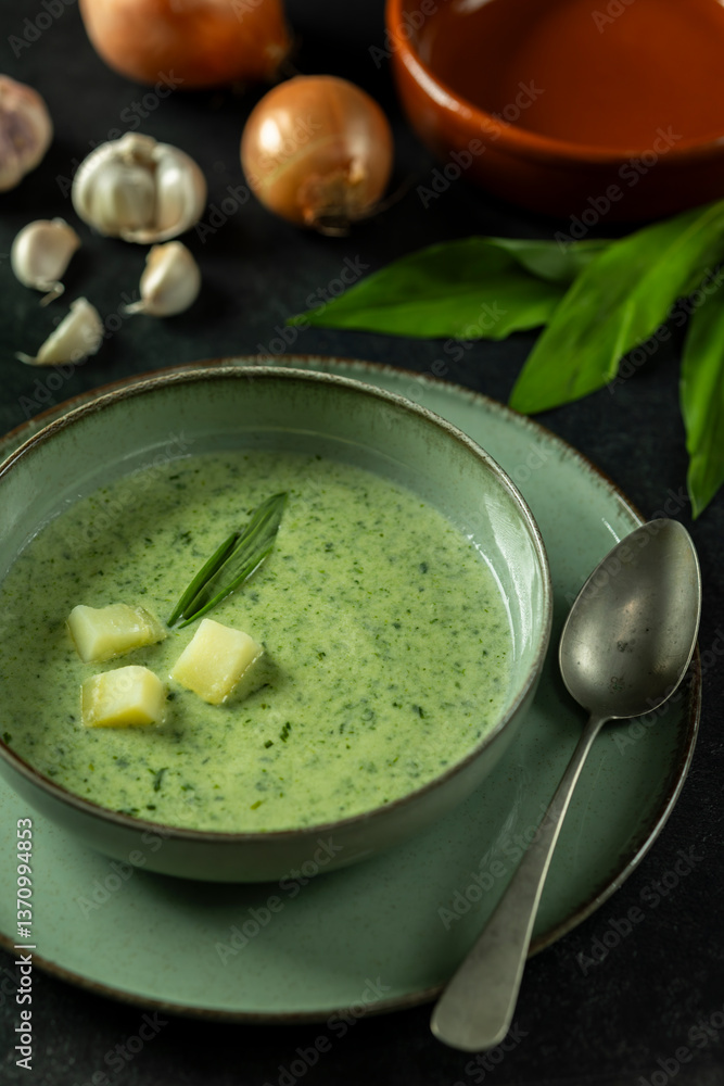 Soup of wild garlic, potatoes, onions and cream