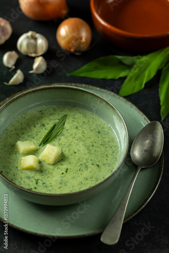 Obraz na płótnie Soup of wild garlic, potatoes, onions and cream w salonie