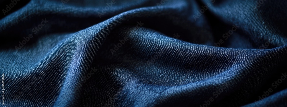 Elegant blue denim fabric draped softly, showcasing texture and color variations under soft light Elegant blue denim fabric draped softly, showcasing texture and color variations under soft light