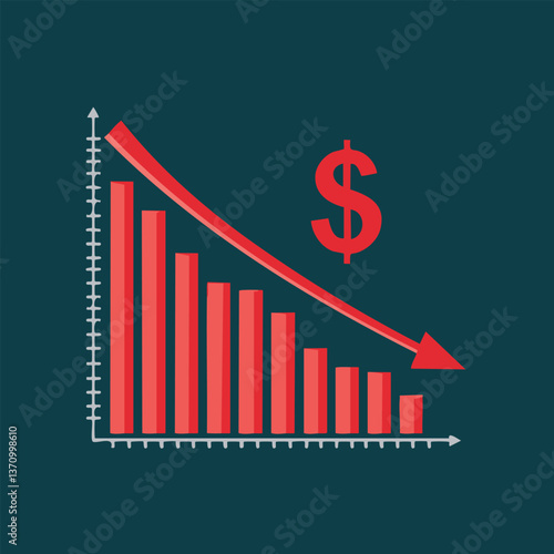 Declining financial performance depicted by graph with bars and arrow pointing down