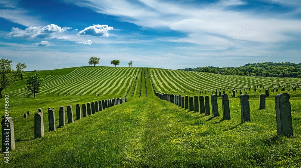 Fototapeta premium Cemetery with orderly rows of headstones, green hills, and blue sky.