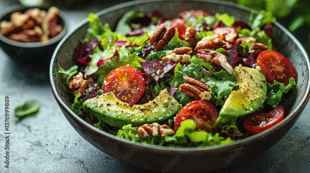 Fresh GLP-1-inspired salad with avocado and nuts on a minimalist kitchen counter with natural light